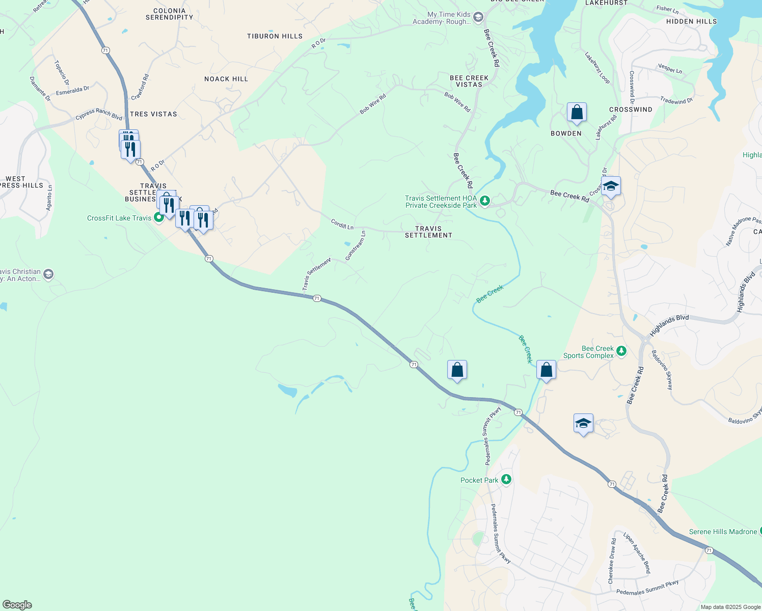 map of restaurants, bars, coffee shops, grocery stores, and more near 5000 Creek Meadow in Spicewood