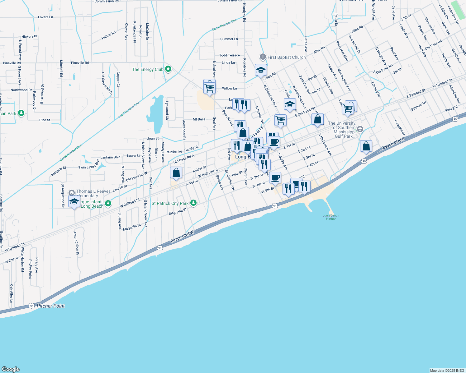 map of restaurants, bars, coffee shops, grocery stores, and more near 308 Saint Charles Avenue in Long Beach