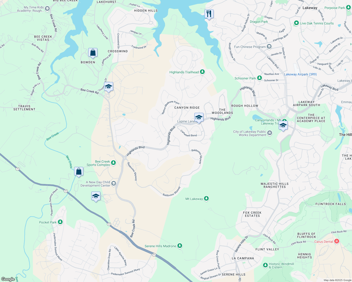 map of restaurants, bars, coffee shops, grocery stores, and more near 504 Summer Wilson Cove in Austin
