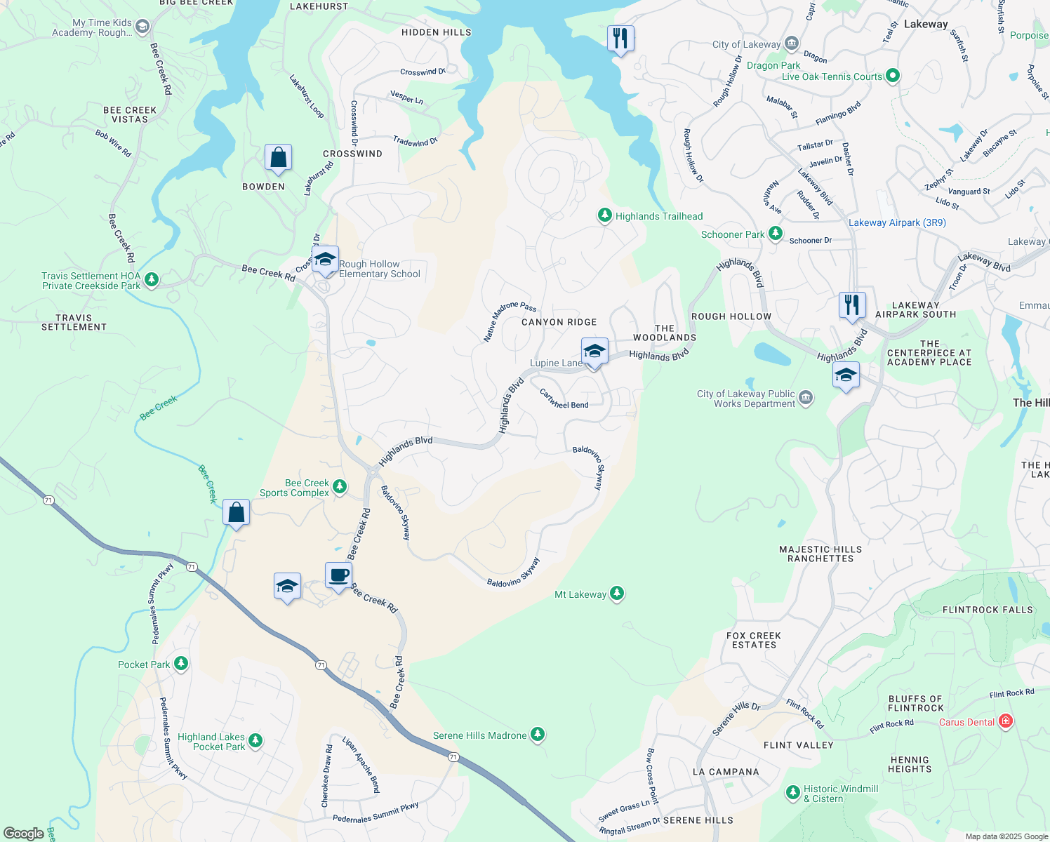 map of restaurants, bars, coffee shops, grocery stores, and more near 504 Summer Wilson Cove in Austin