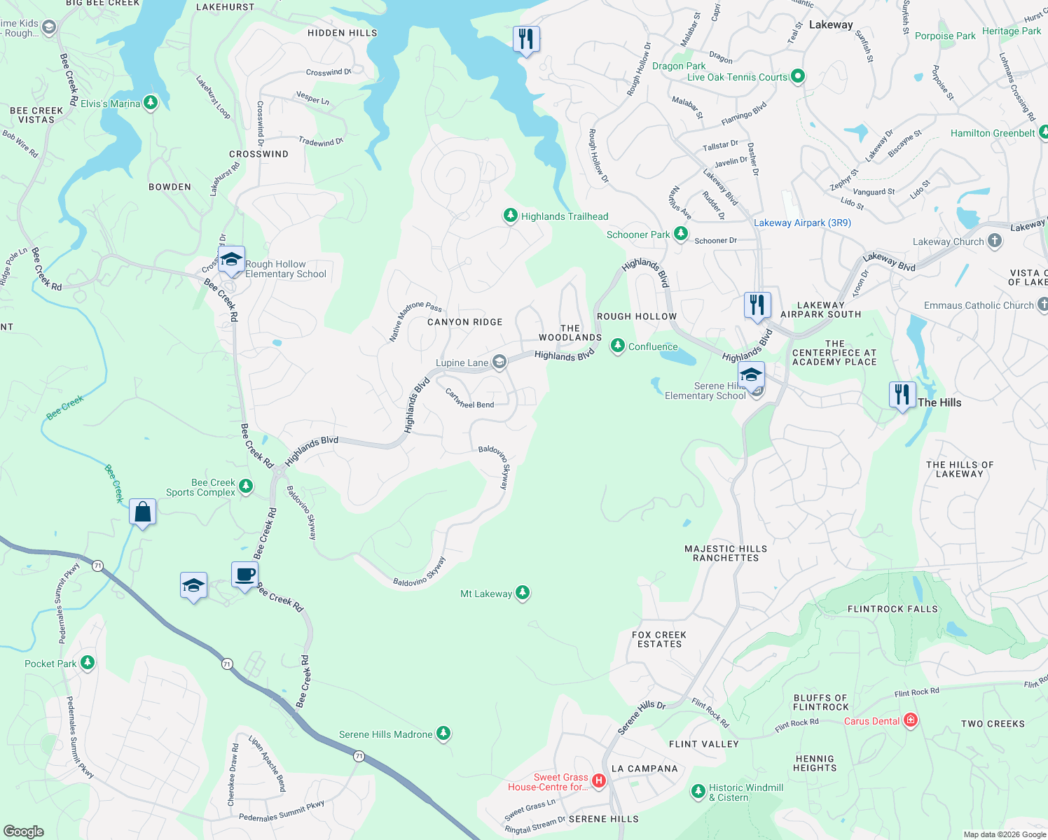 map of restaurants, bars, coffee shops, grocery stores, and more near 219 Vista Village Cove in Austin