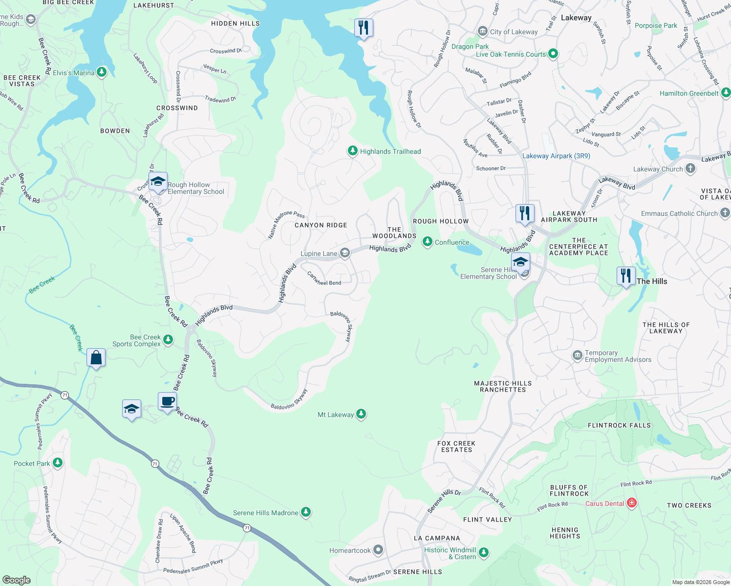 map of restaurants, bars, coffee shops, grocery stores, and more near 216 Vista Village Cove in Austin