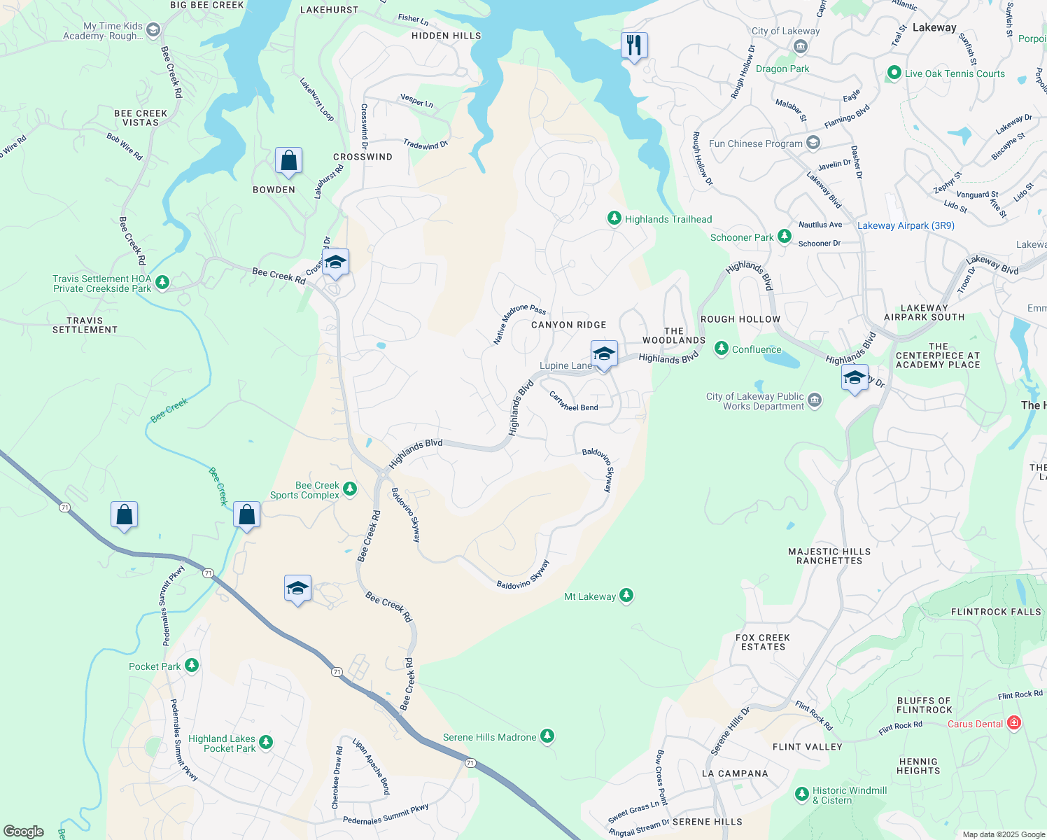 map of restaurants, bars, coffee shops, grocery stores, and more near 511 Summer Wilson Cove in Austin
