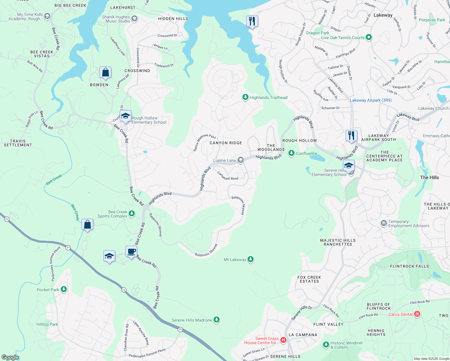 map of restaurants, bars, coffee shops, grocery stores, and more near 129 Cartwheel Bend in Spicewood