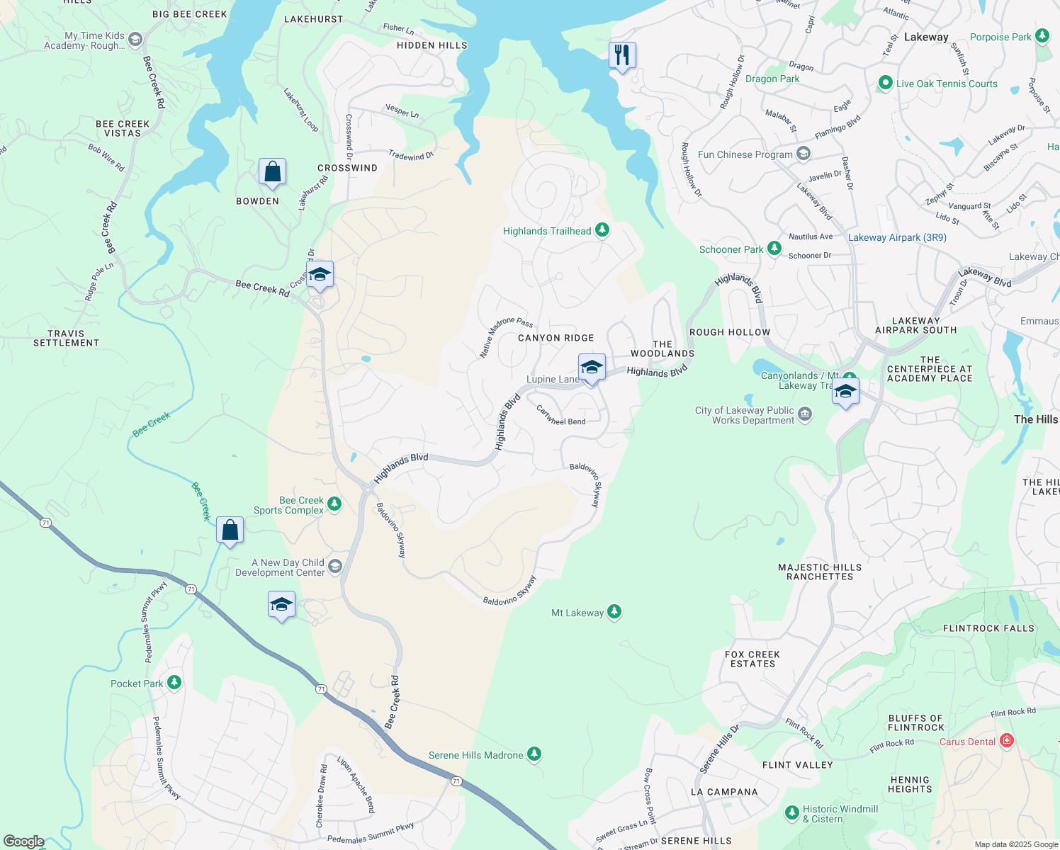 map of restaurants, bars, coffee shops, grocery stores, and more near 521 Baldovino Skyway in Austin