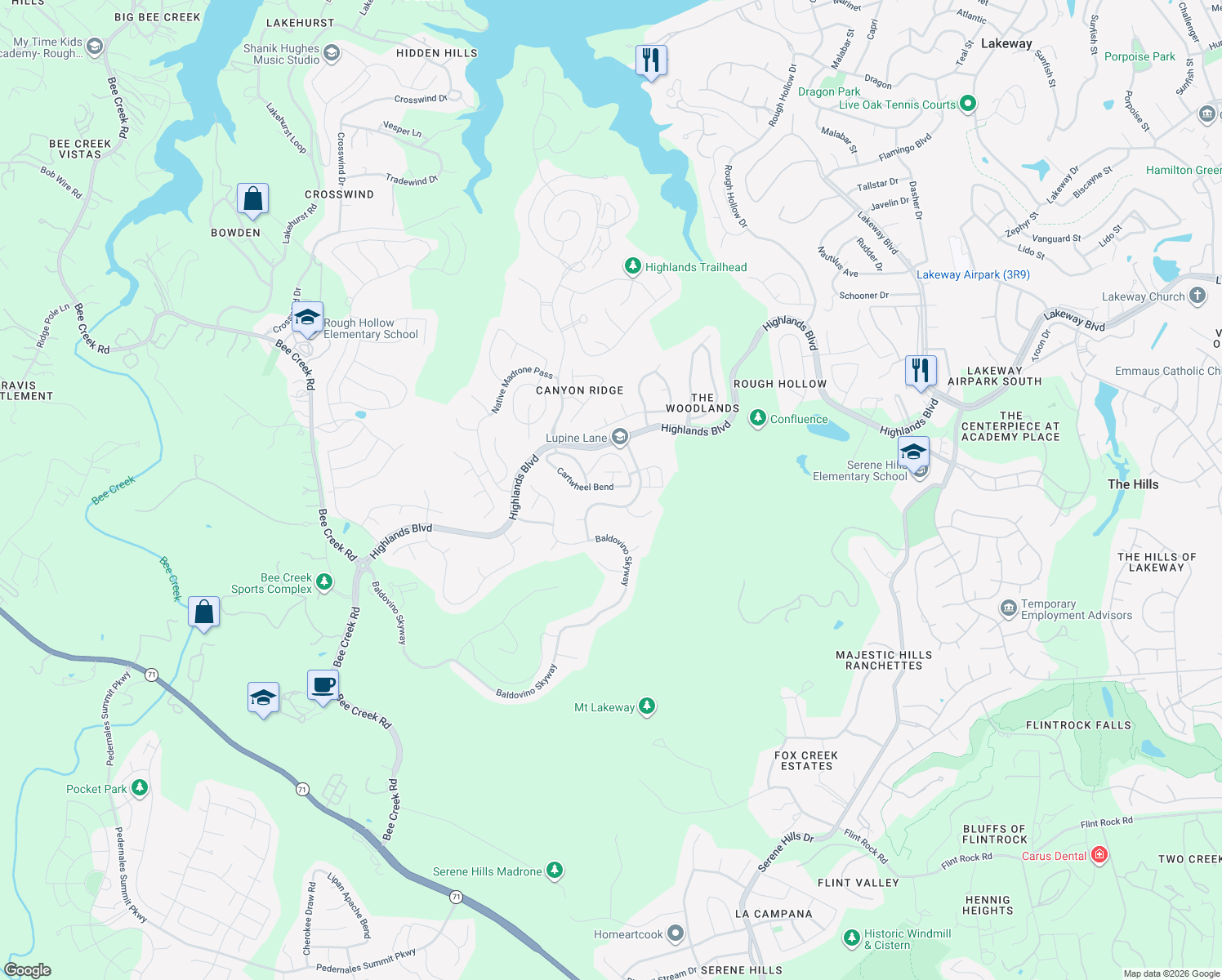 map of restaurants, bars, coffee shops, grocery stores, and more near 219 Cartwheel Bend in Spicewood