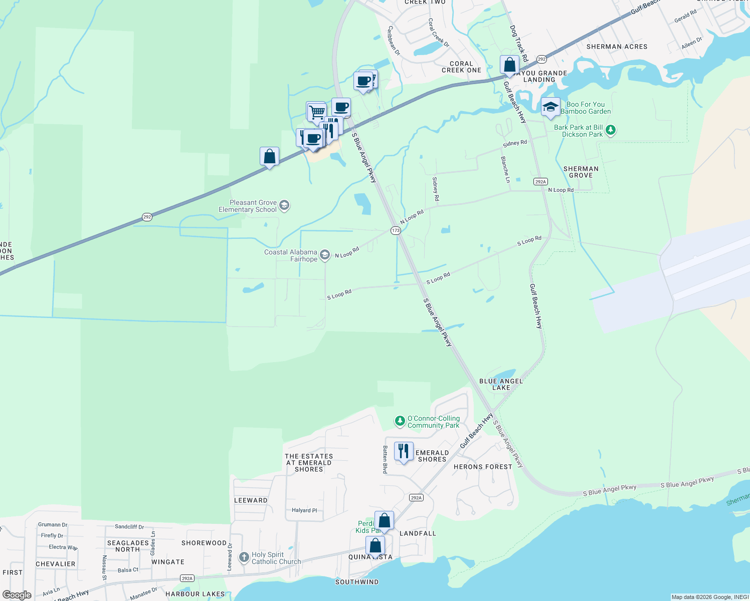 map of restaurants, bars, coffee shops, grocery stores, and more near 9900 South Loop Road in Pensacola