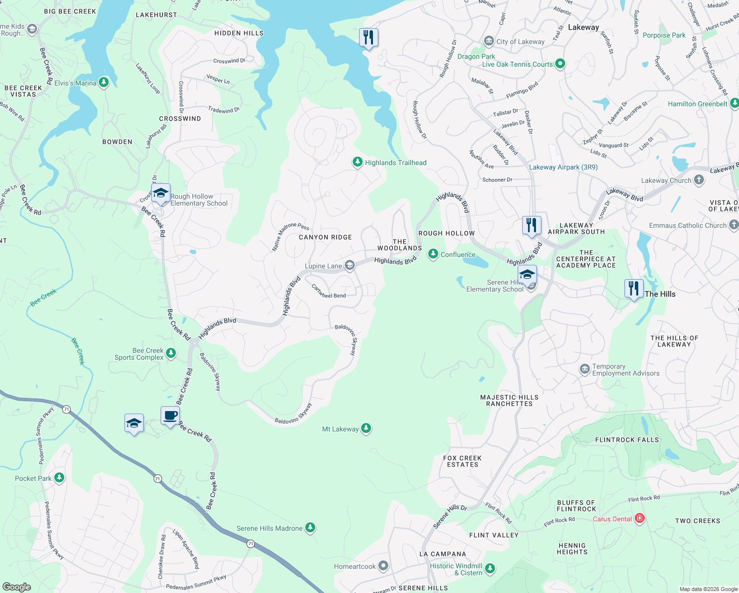 map of restaurants, bars, coffee shops, grocery stores, and more near 216 Vista Village Cove in Austin
