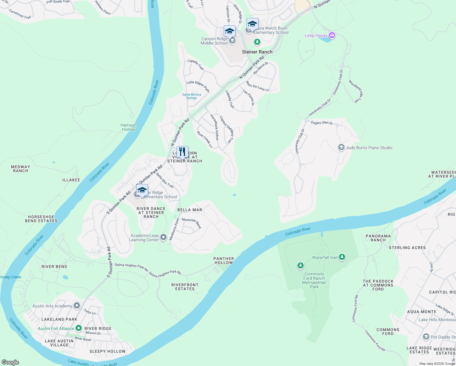 map of restaurants, bars, coffee shops, grocery stores, and more near 413 Horseback Hollow in Austin