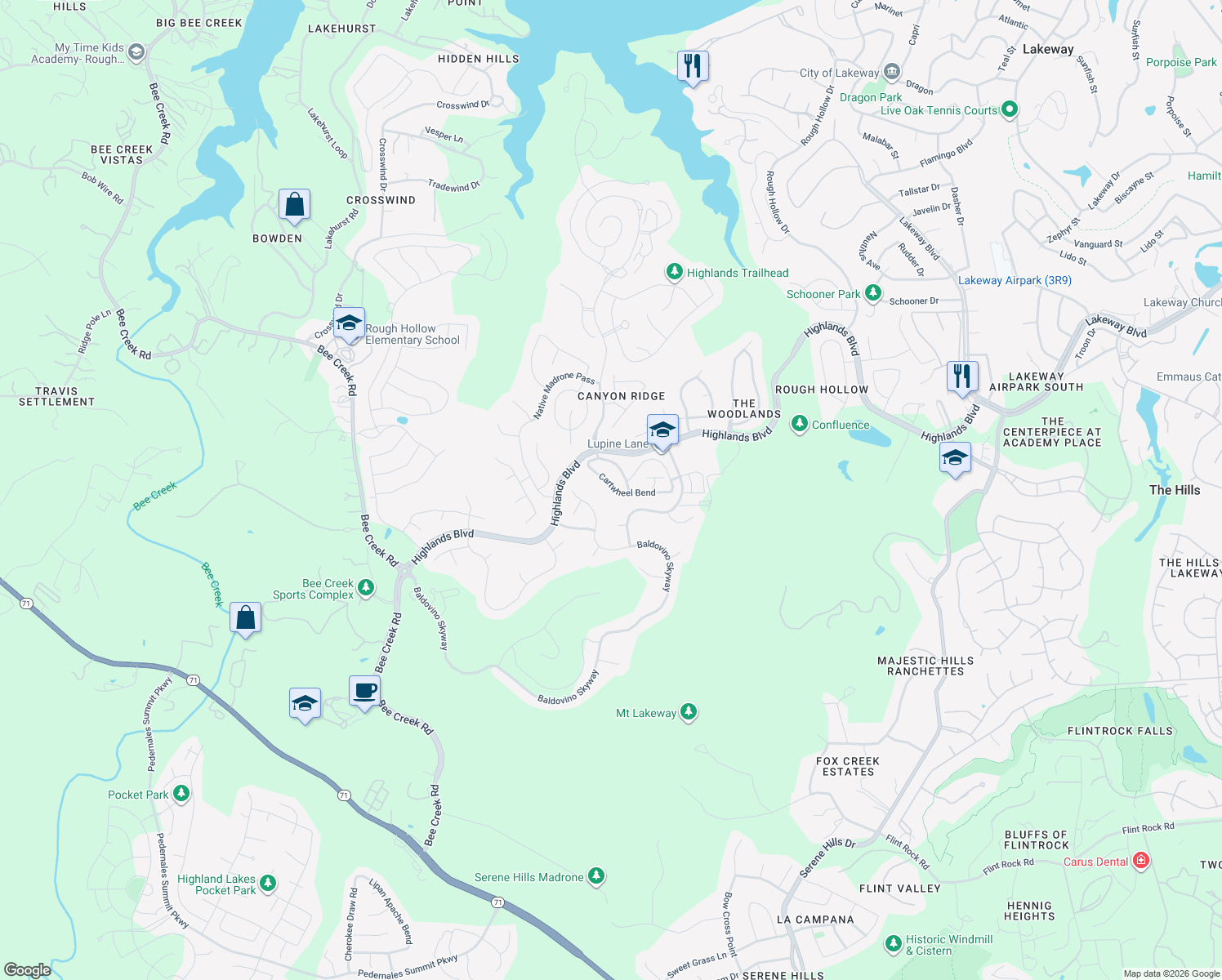 map of restaurants, bars, coffee shops, grocery stores, and more near 129 Cartwheel Bend in Spicewood