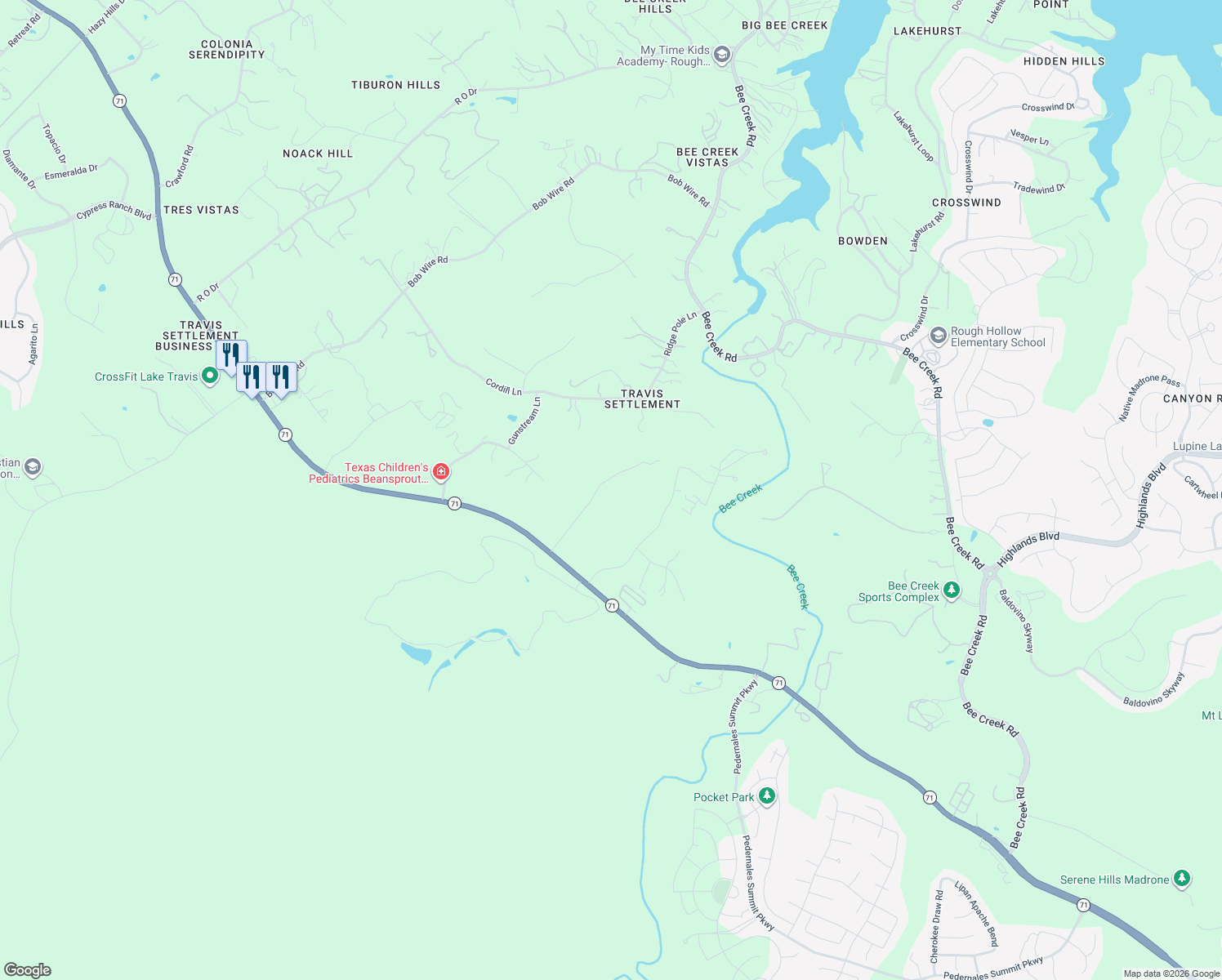 map of restaurants, bars, coffee shops, grocery stores, and more near 4901 Creek Meadow in Spicewood