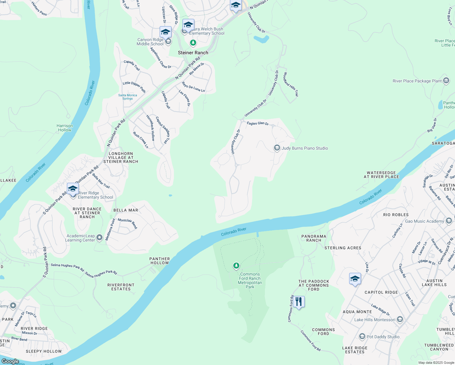 map of restaurants, bars, coffee shops, grocery stores, and more near 1700 University Club Drive in Austin