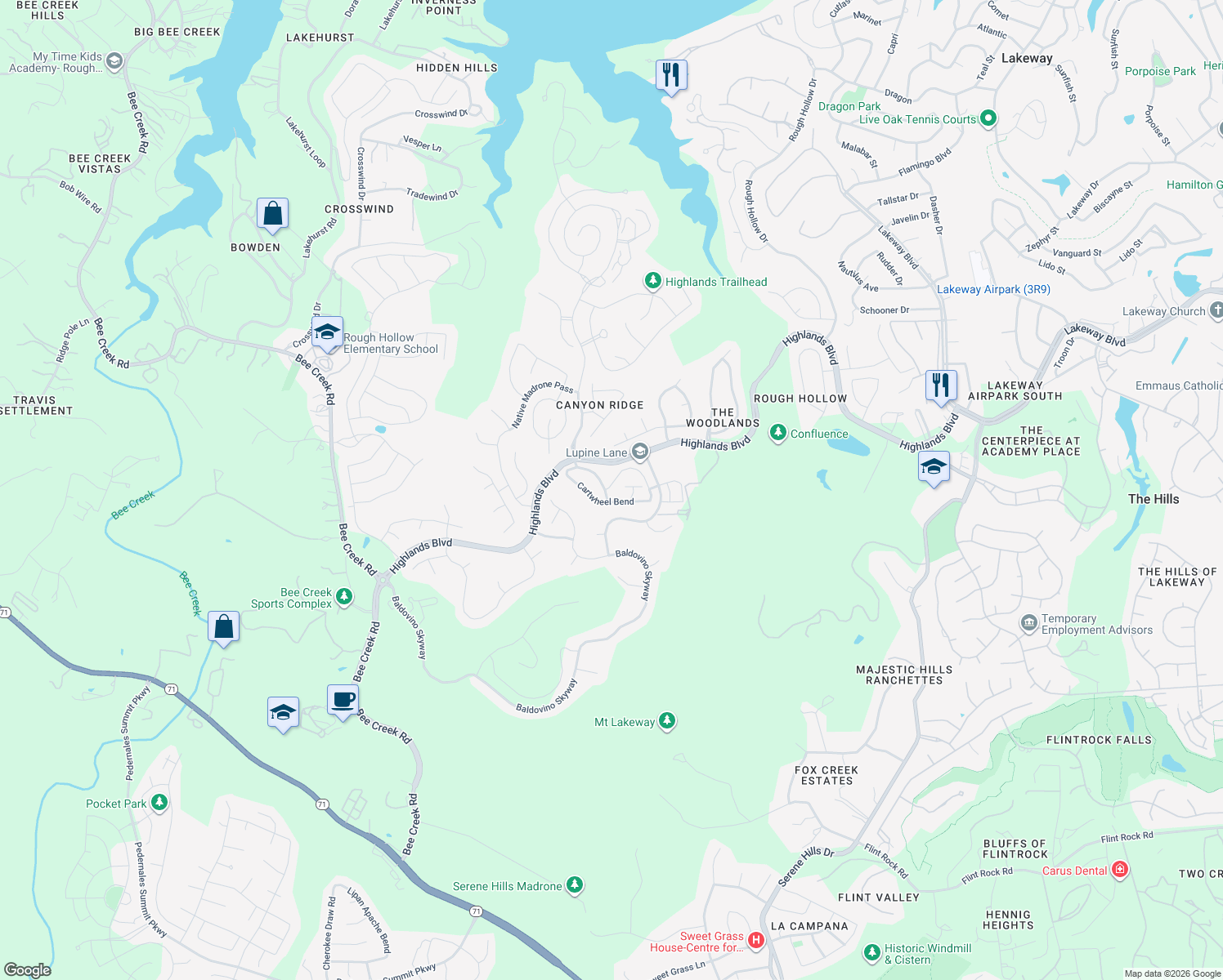 map of restaurants, bars, coffee shops, grocery stores, and more near 210 Cartwheel Bend in Spicewood