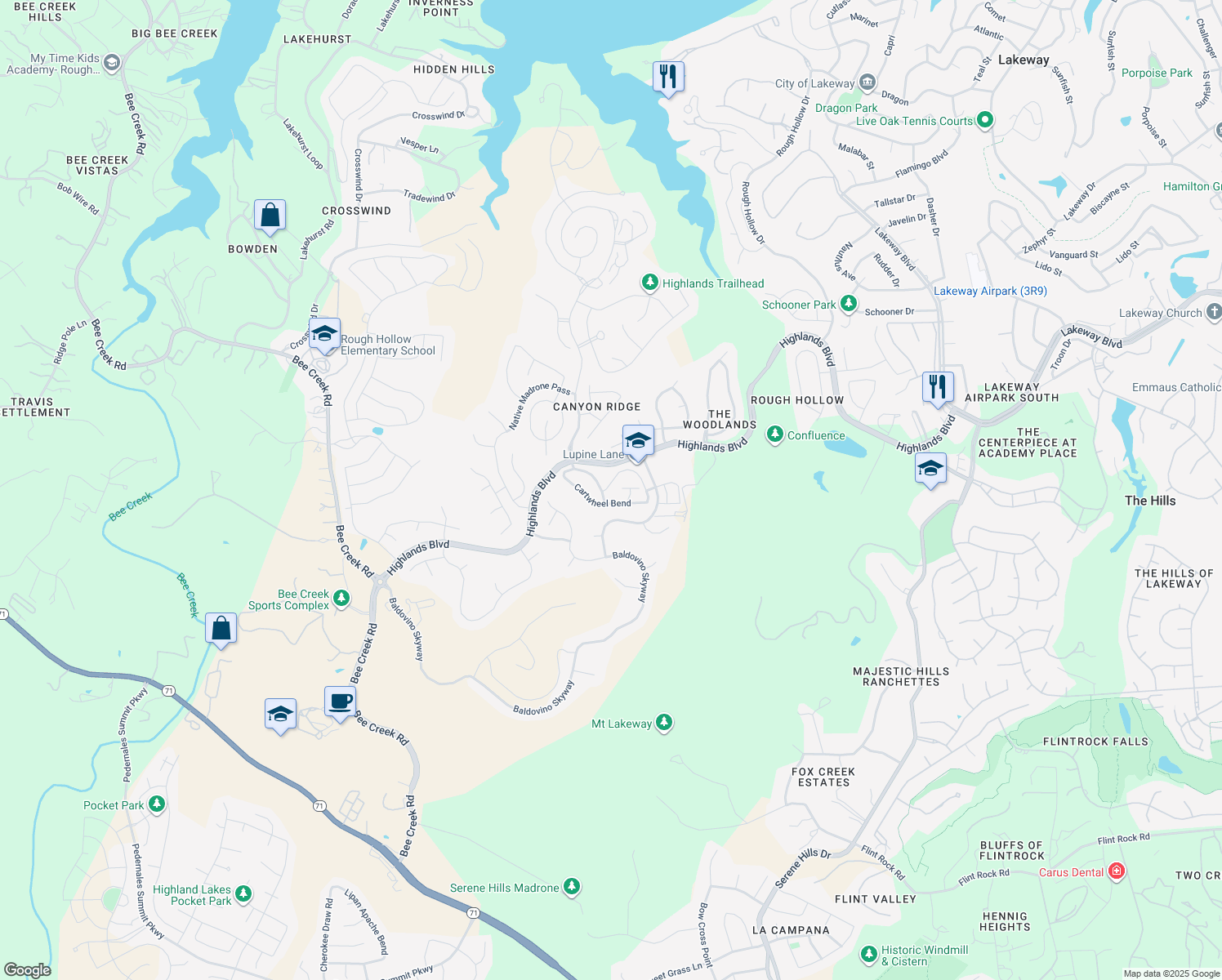 map of restaurants, bars, coffee shops, grocery stores, and more near 210 Cartwheel Bend in Spicewood