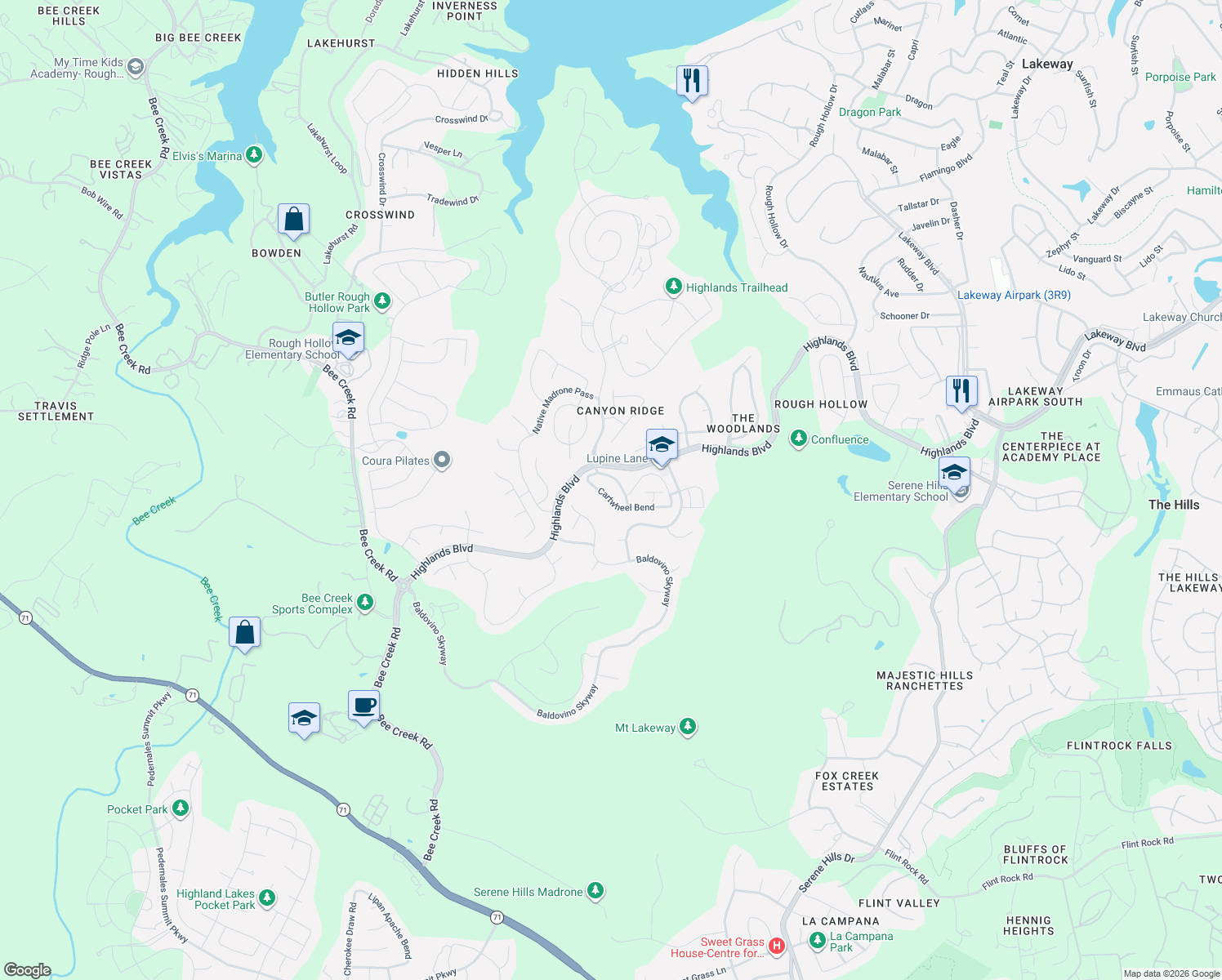 map of restaurants, bars, coffee shops, grocery stores, and more near 129 Cartwheel Bend in Spicewood