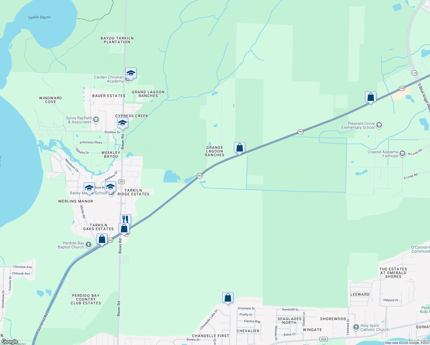map of restaurants, bars, coffee shops, grocery stores, and more near 11100 Sorrento Road in Pensacola