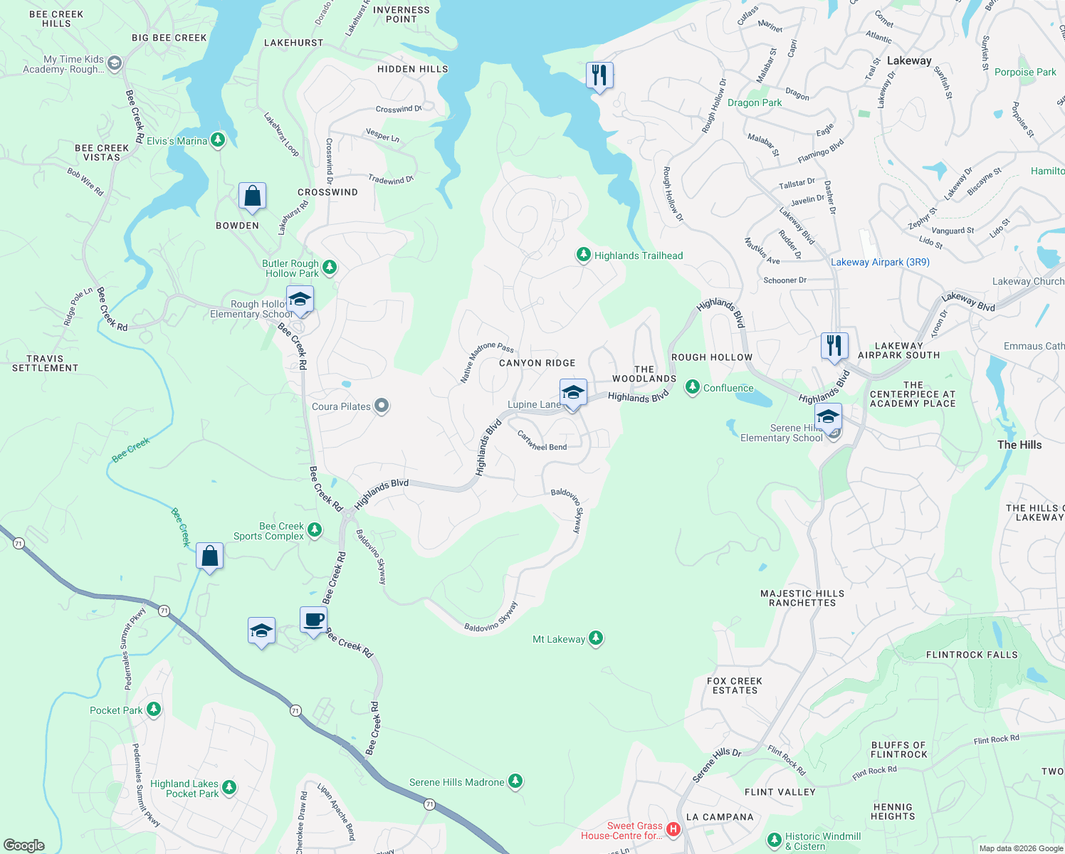 map of restaurants, bars, coffee shops, grocery stores, and more near 105 Beneteau Drive in Austin