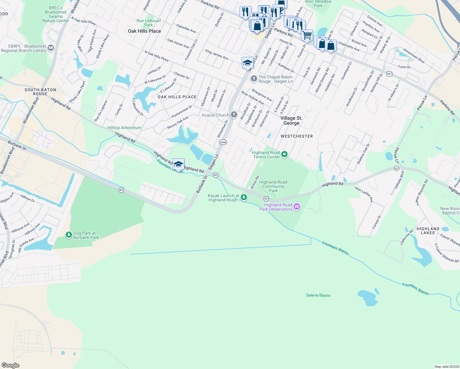 map of restaurants, bars, coffee shops, grocery stores, and more near 13512 Highland Road in Baton Rouge
