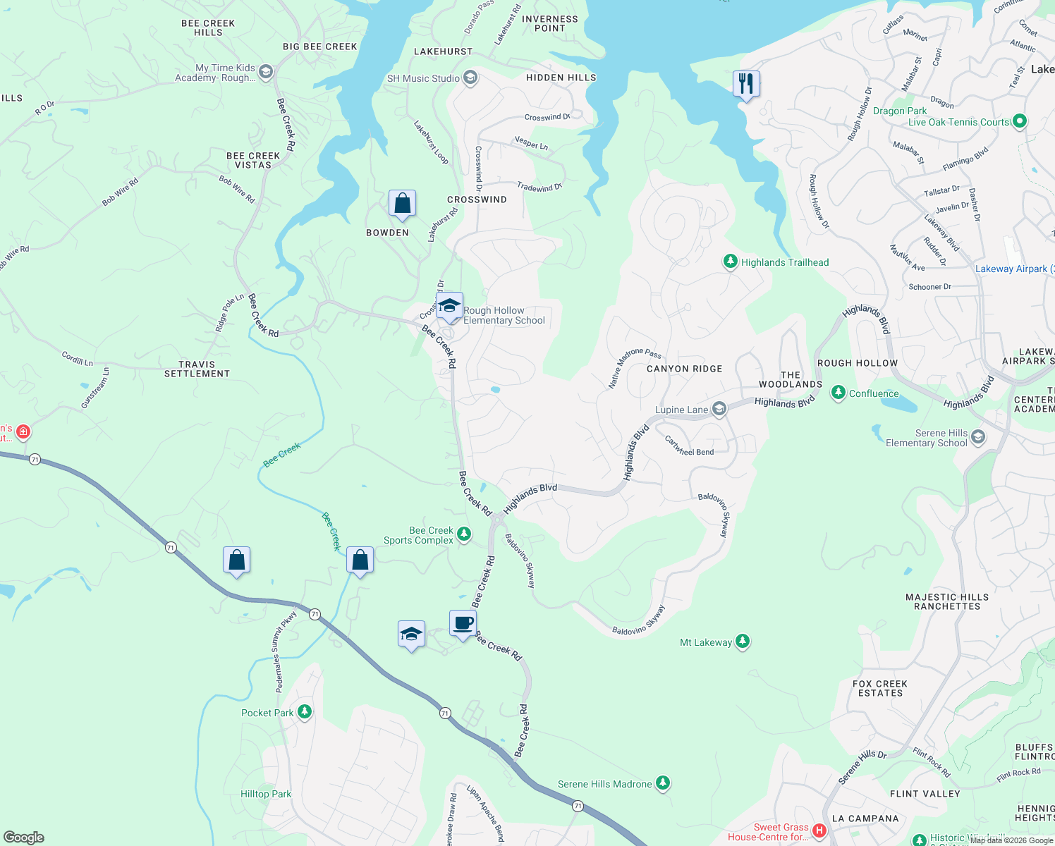 map of restaurants, bars, coffee shops, grocery stores, and more near 303 Sumalt Gap Way in Briarcliff