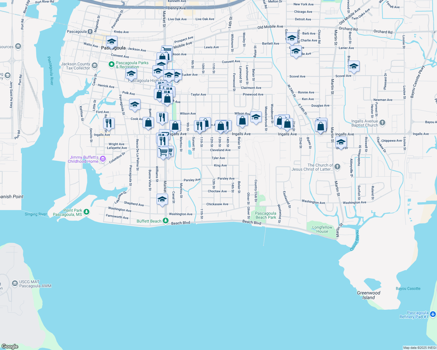 map of restaurants, bars, coffee shops, grocery stores, and more near 1111 13th St in Pascagoula