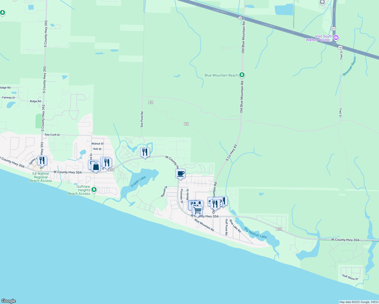 map of restaurants, bars, coffee shops, grocery stores, and more near 128 East Blue Coral Drive in Santa Rosa Beach