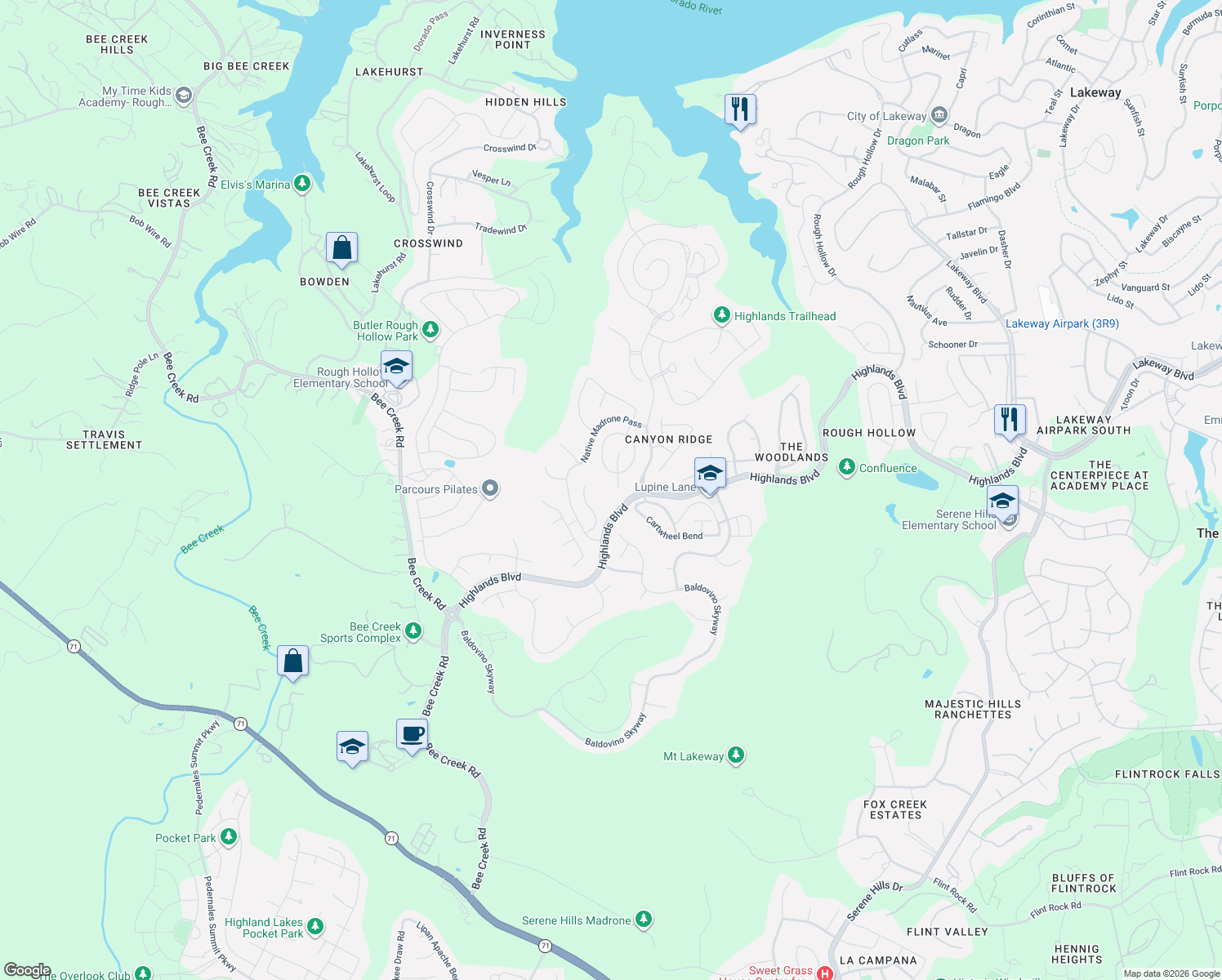 map of restaurants, bars, coffee shops, grocery stores, and more near 104 Majestic Arroyo Way in VILLAGE OF THE HILLS