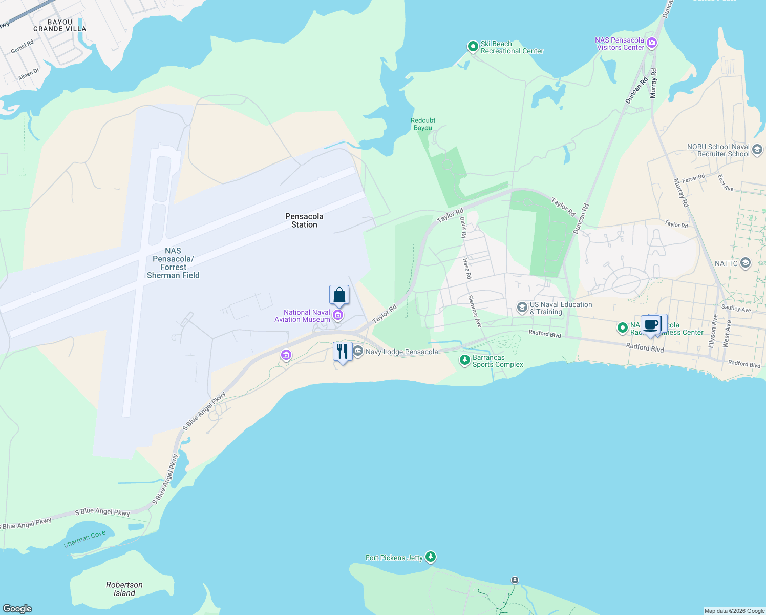 map of restaurants, bars, coffee shops, grocery stores, and more near 3183-3335 Taylor Road in Pensacola