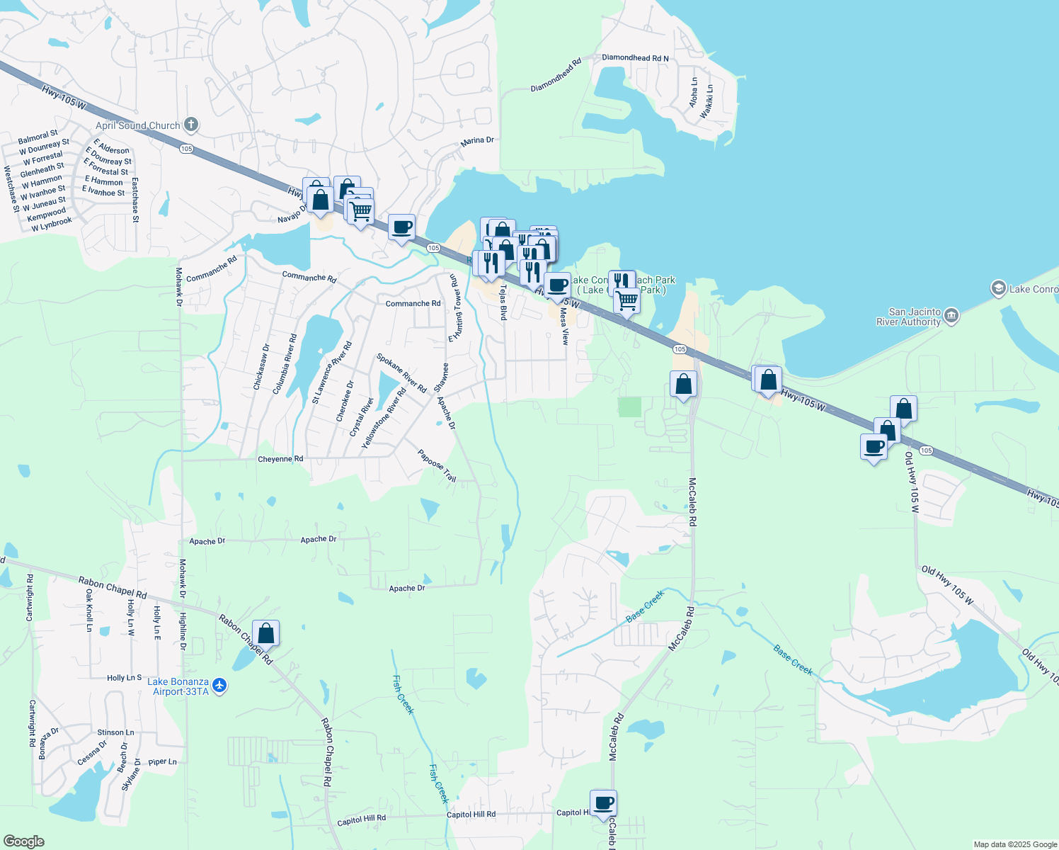 map of restaurants, bars, coffee shops, grocery stores, and more near 511 Tejas Boulevard in Montgomery
