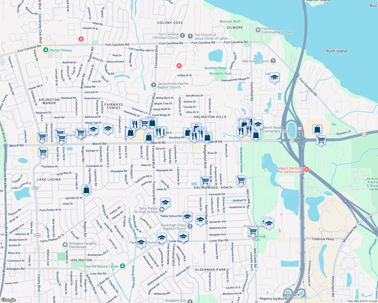 map of restaurants, bars, coffee shops, grocery stores, and more near 7511 Elvia Drive in Jacksonville