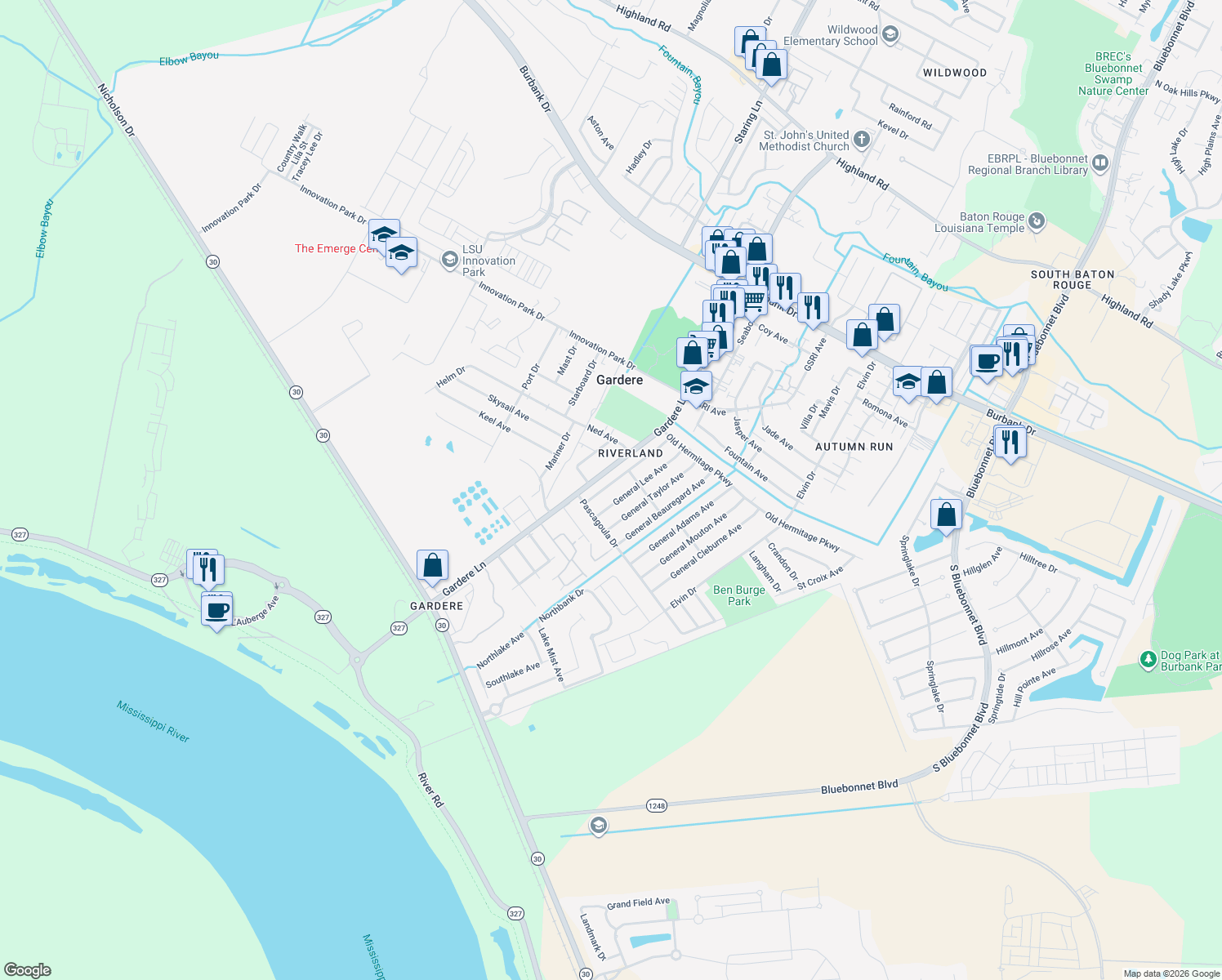 map of restaurants, bars, coffee shops, grocery stores, and more near 2167 General Jackson Ave in Baton Rouge