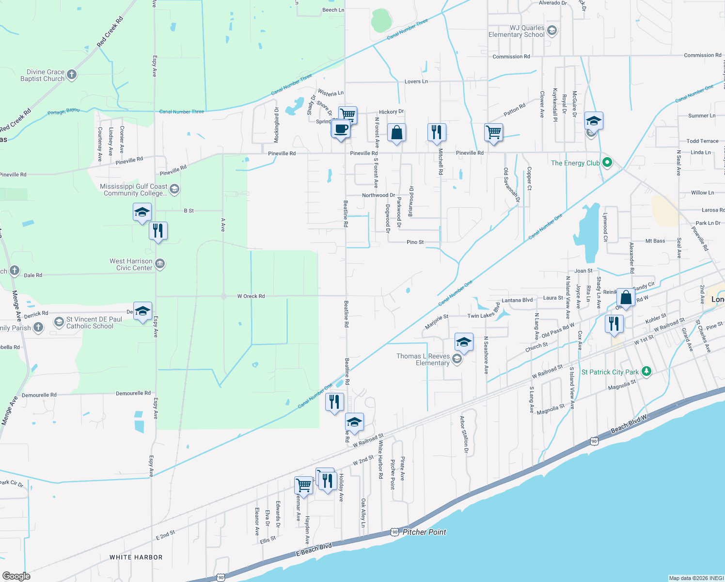 map of restaurants, bars, coffee shops, grocery stores, and more near 20582 Johnson Rd in Long Beach