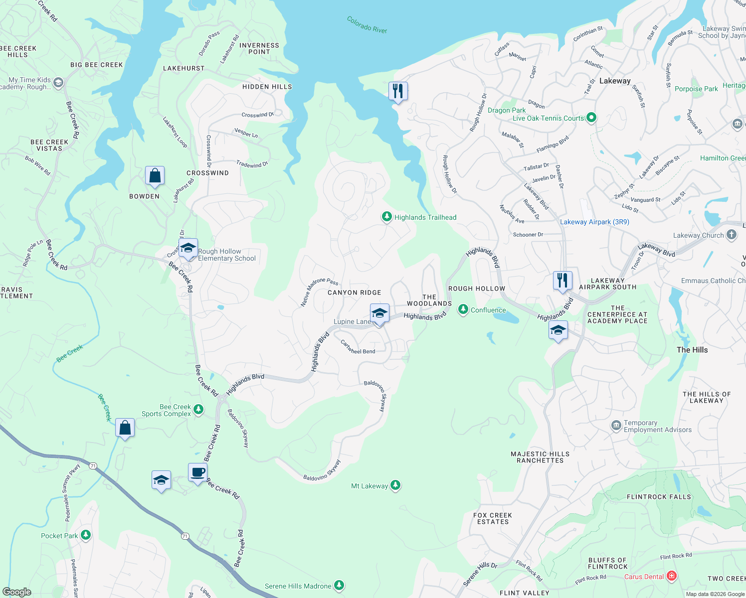 map of restaurants, bars, coffee shops, grocery stores, and more near 211 Grant Cannon Lane in Austin