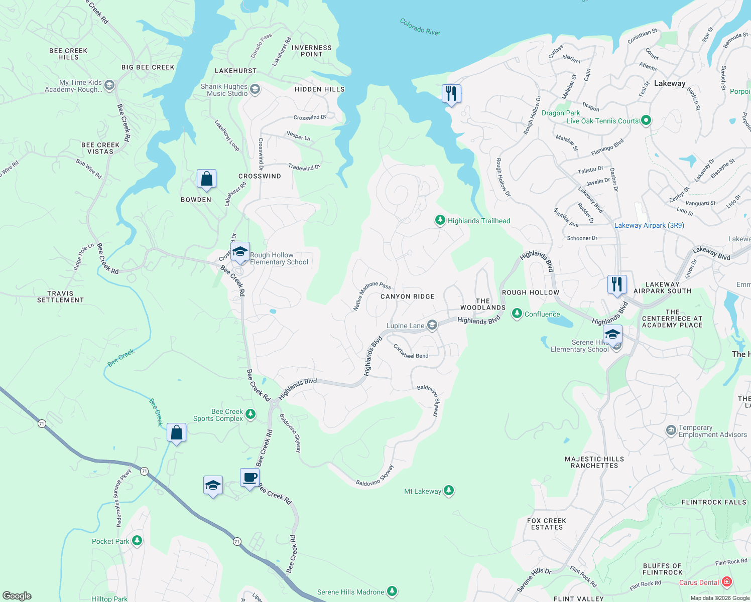 map of restaurants, bars, coffee shops, grocery stores, and more near 111 Serene Hilltop Circle in Austin