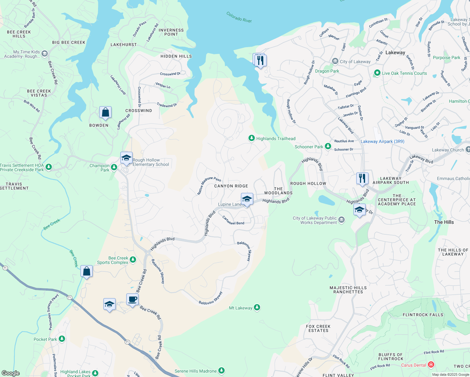 map of restaurants, bars, coffee shops, grocery stores, and more near Grant Cannon Lane in Austin