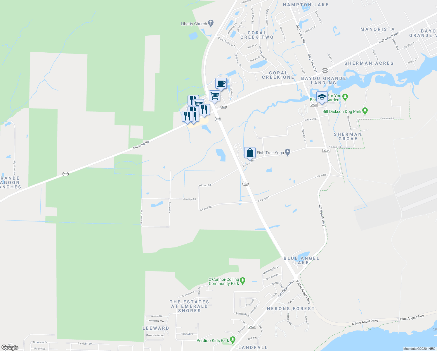 map of restaurants, bars, coffee shops, grocery stores, and more near 10110 North Loop Road in Pensacola