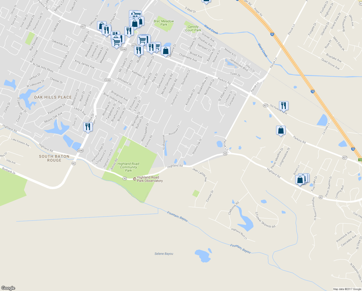 map of restaurants, bars, coffee shops, grocery stores, and more near 432 Highland Oaks Dr in Baton Rouge