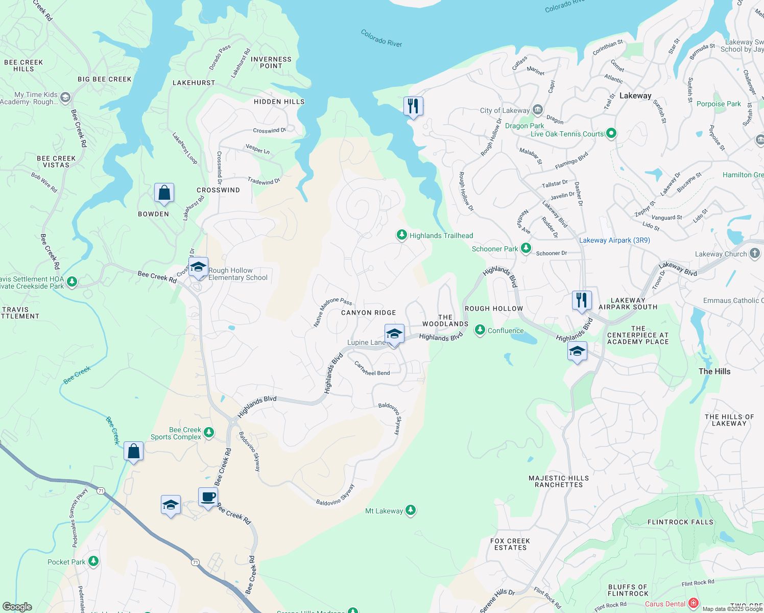 map of restaurants, bars, coffee shops, grocery stores, and more near 210 1/2 Grant Cannon Lane in Austin