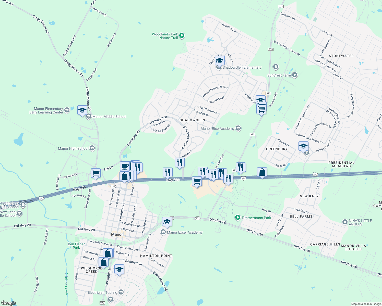 map of restaurants, bars, coffee shops, grocery stores, and more near 11601 Pillion Pl in Manor