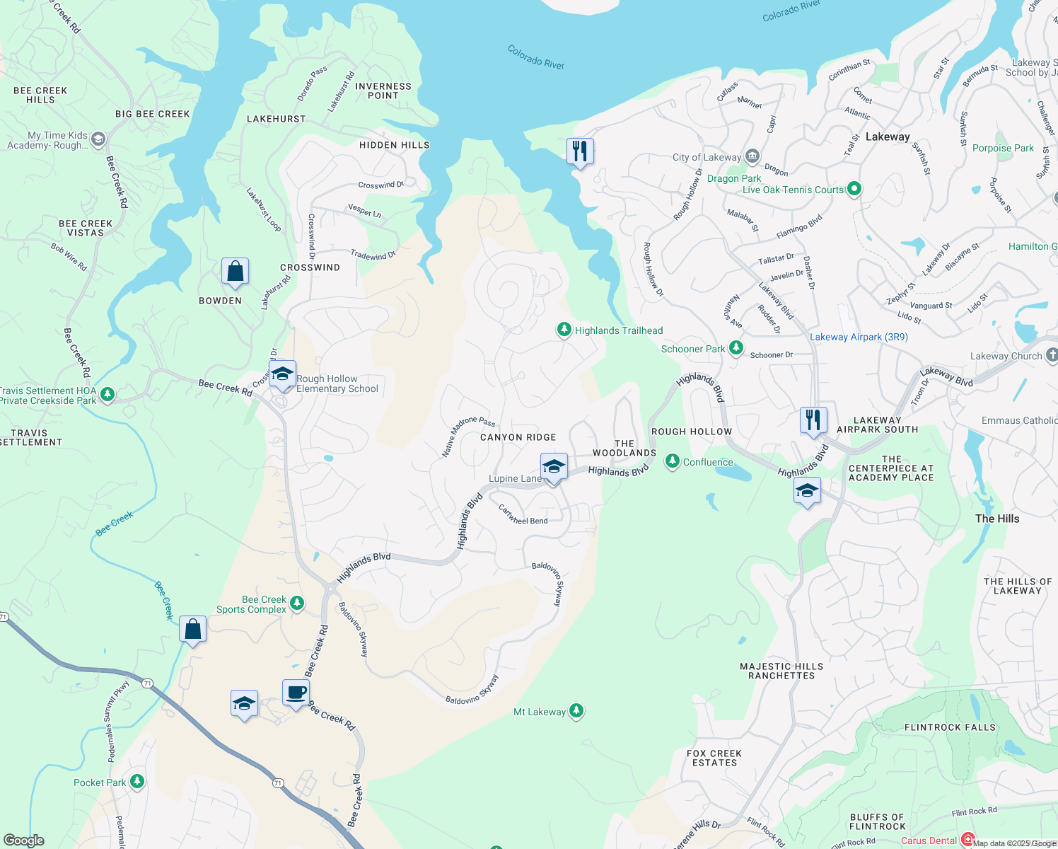 map of restaurants, bars, coffee shops, grocery stores, and more near Pierce Range Drive in Travis County