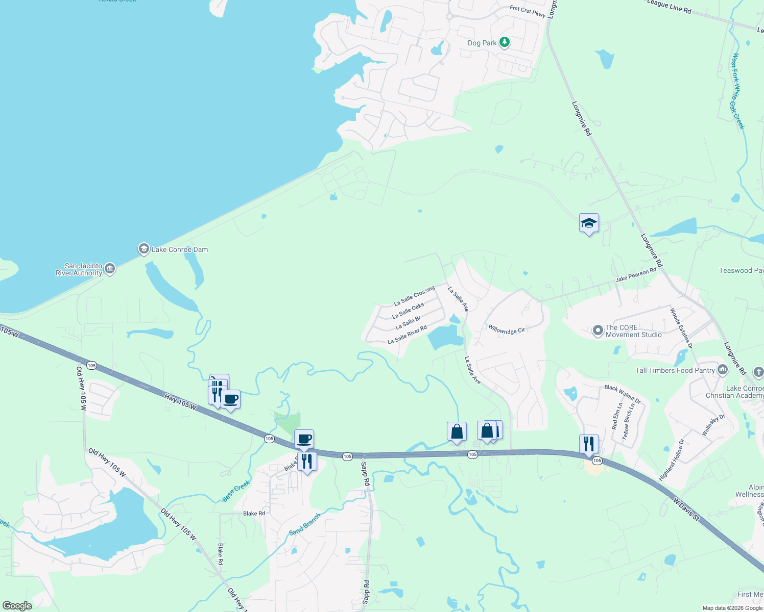 map of restaurants, bars, coffee shops, grocery stores, and more near 12104 La Salle Crossing in Conroe