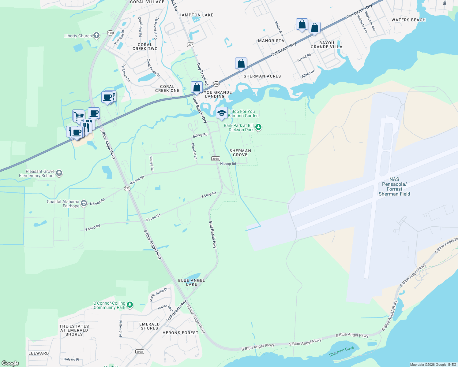 map of restaurants, bars, coffee shops, grocery stores, and more near 3375 Burns Avenue in Pensacola