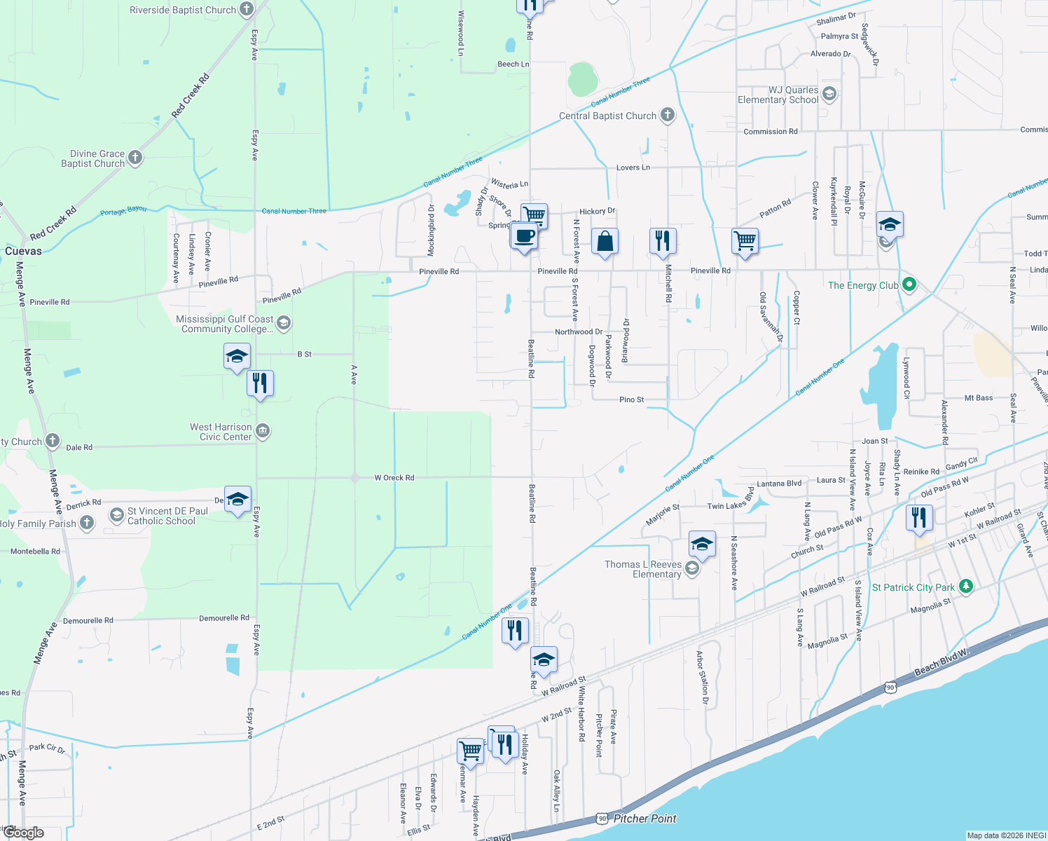 map of restaurants, bars, coffee shops, grocery stores, and more near 4511 Beatline Rd in Long Beach