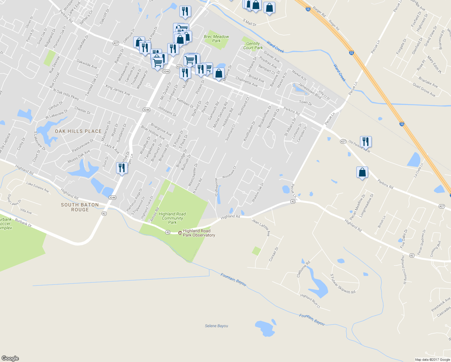 map of restaurants, bars, coffee shops, grocery stores, and more near 632 Woodview Court in Baton Rouge