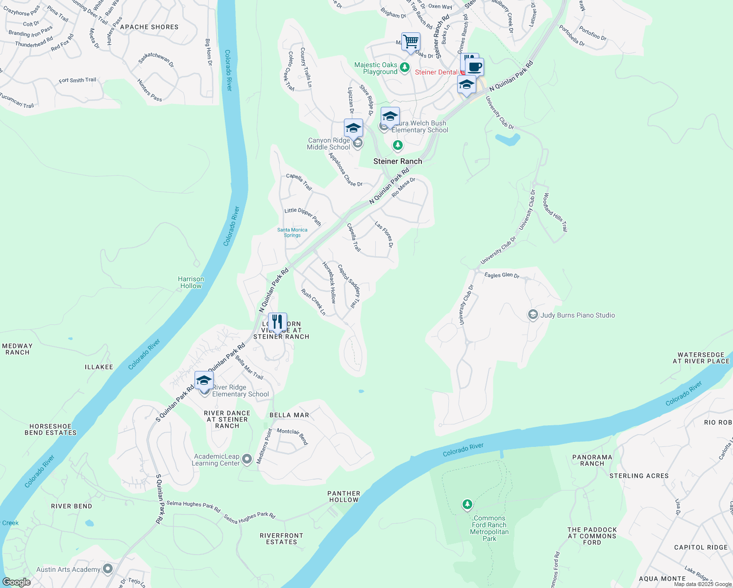 map of restaurants, bars, coffee shops, grocery stores, and more near 904 Golden Palomino Court in Austin