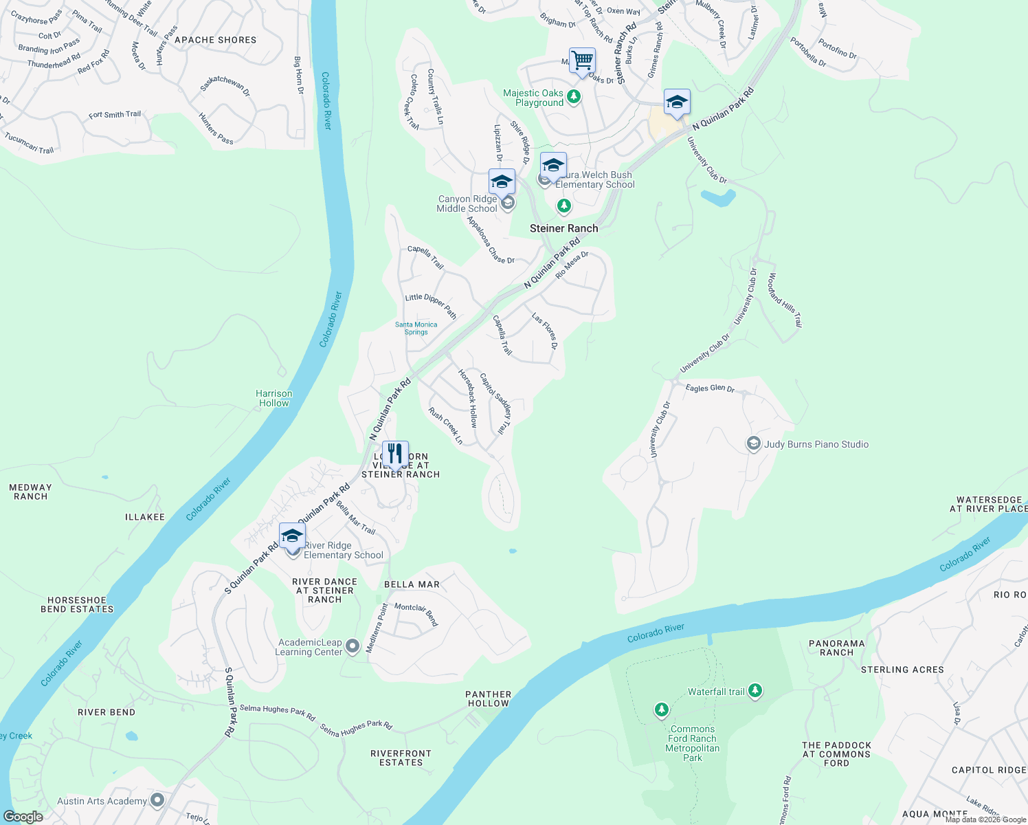 map of restaurants, bars, coffee shops, grocery stores, and more near 904 Golden Palomino Court in Austin