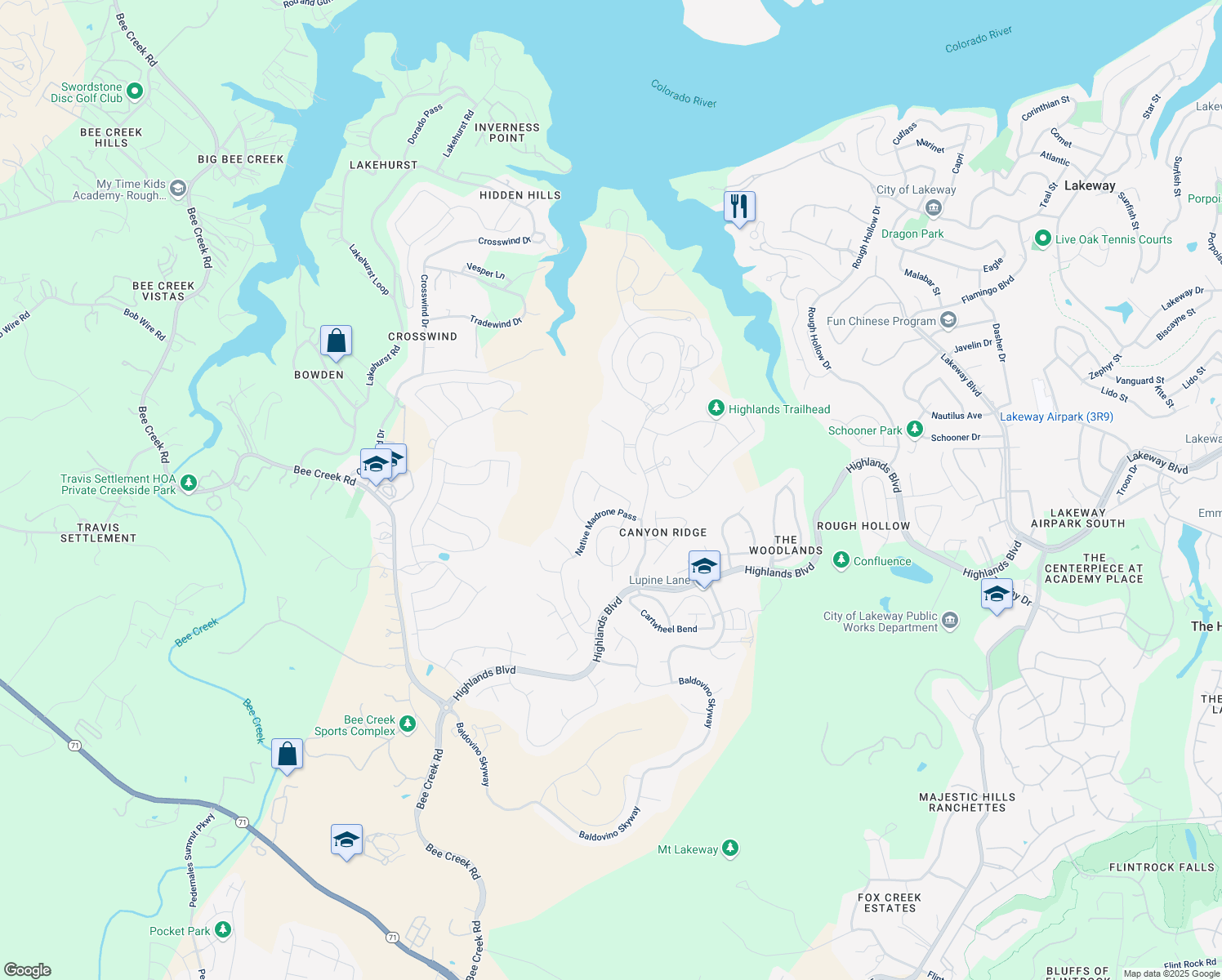 map of restaurants, bars, coffee shops, grocery stores, and more near Enchanted Hilltop Way in Spicewood