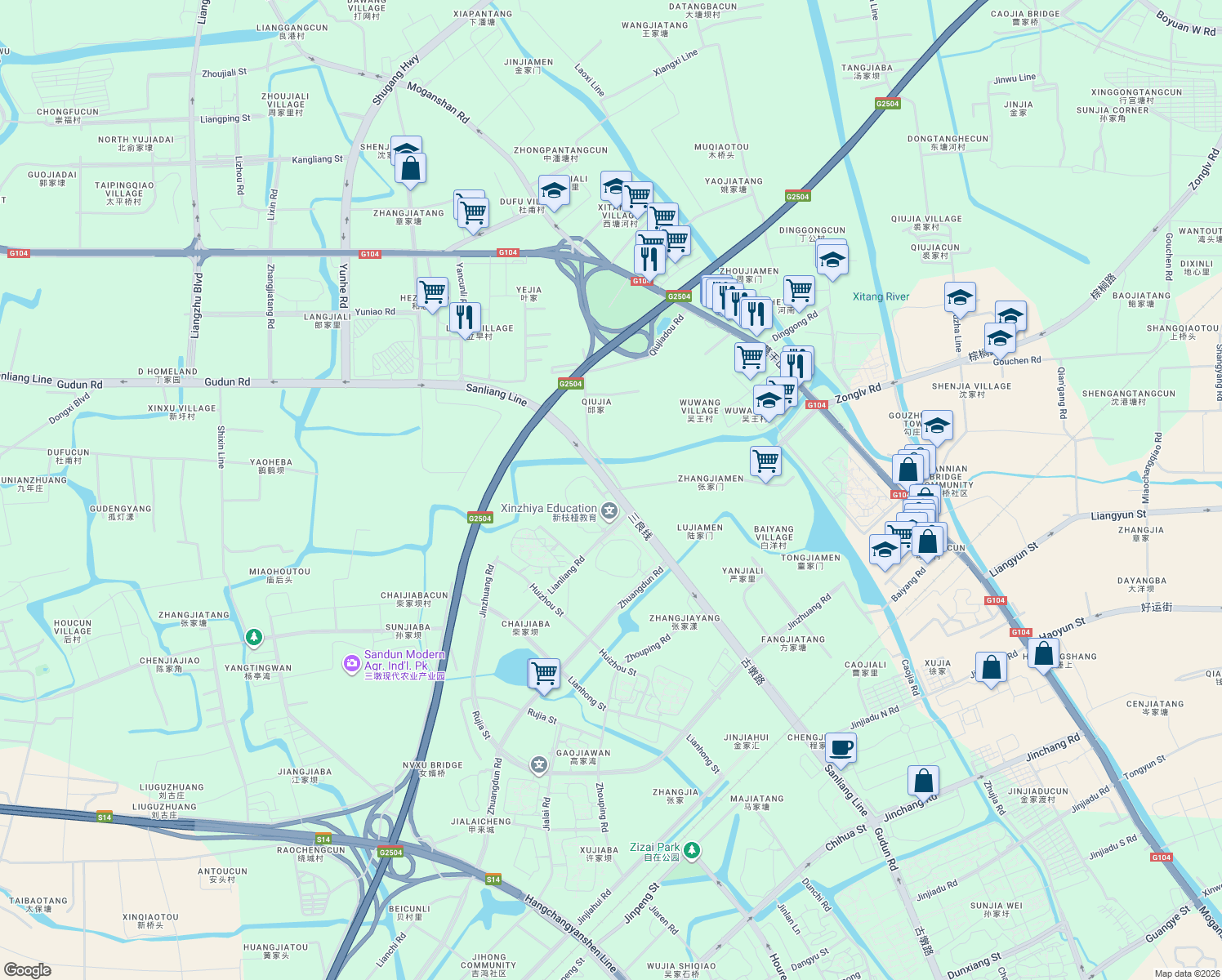 map of restaurants, bars, coffee shops, grocery stores, and more near Gu Dun Lu in Hang Zhou Shi