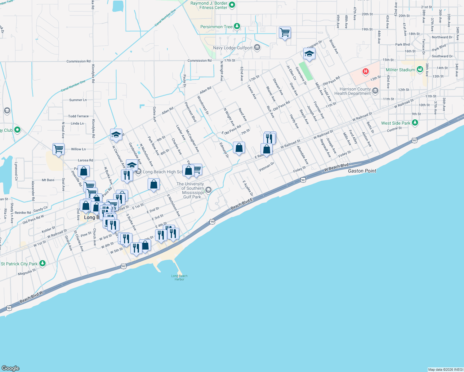 map of restaurants, bars, coffee shops, grocery stores, and more near 6 Chimney Cross in Long Beach