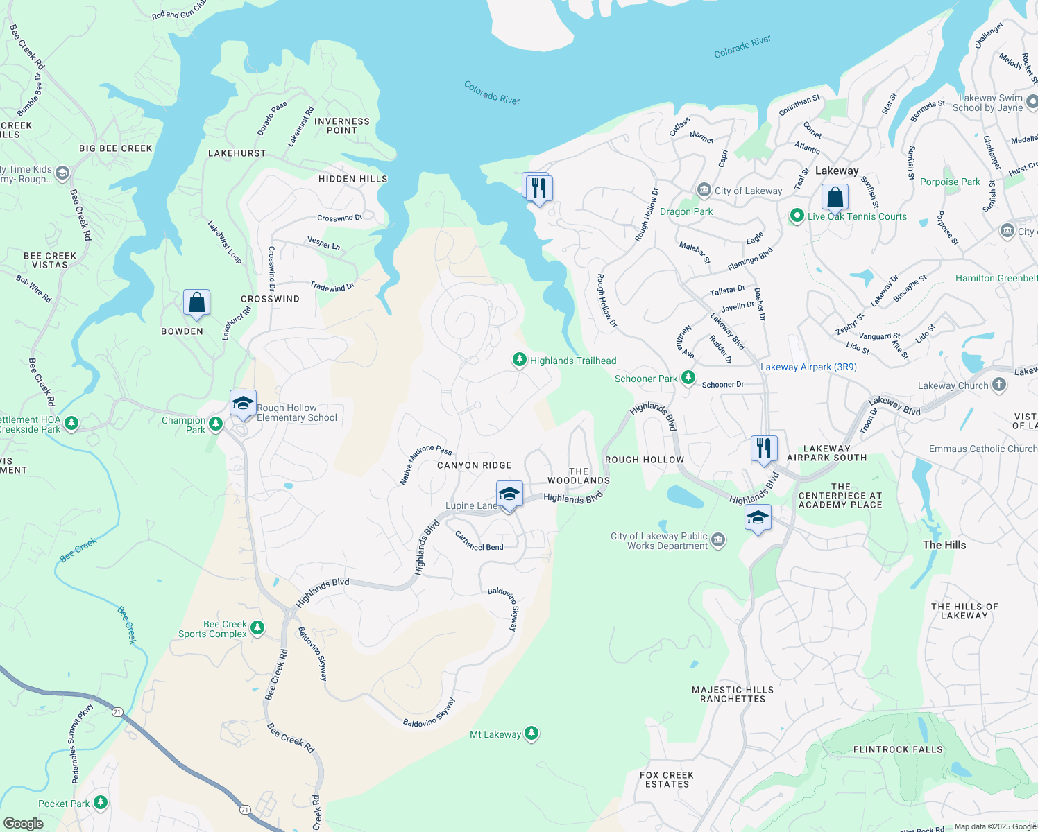 map of restaurants, bars, coffee shops, grocery stores, and more near 405 Tempranillo Way in Austin