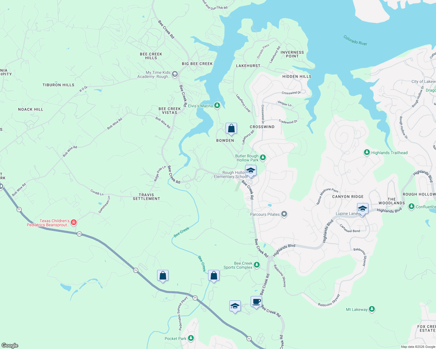 map of restaurants, bars, coffee shops, grocery stores, and more near 4166 Bee Creek Road in Spicewood